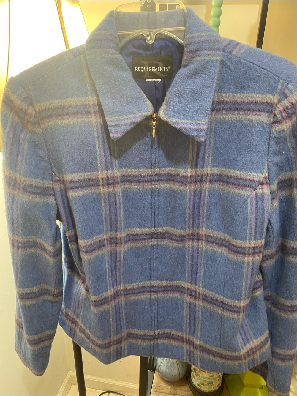 Requirements Blue Plaid Wool Zip Jacket with Gold Zip